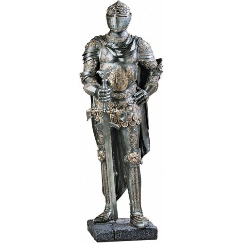 Design Toscano King's Guard Medieval Decor Half Scale Knight Armor Gothic Statue, 39 Inch Tall, Cast Stone Resin, Metallic Finish with Faux Stone Base