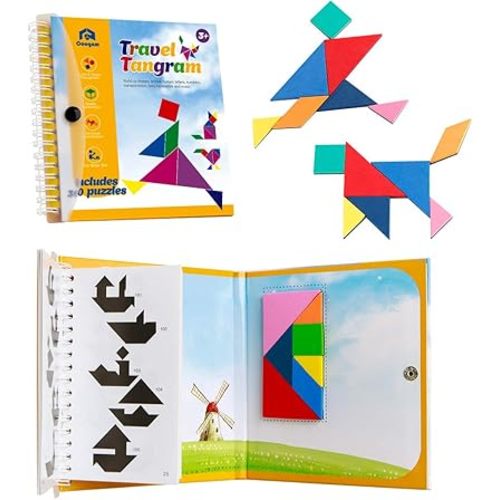 Coogam Travel Tangram Puzzle - Magnetic Pattern Block Book Road Trip Game Jigsaw Shapes Dissection STEM Games with Solution for Kid Adult Challenge - IQ Educational Toy Gift Brain Teasers 360 Patterns