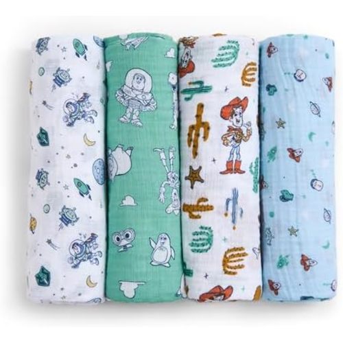 aden + anais Essentials Muslin Swaddle Blankets, Newborn Receiving Blanket for Swaddling, 100% Cotton Baby Swaddle Wrap, 4 Pack, Toy Story