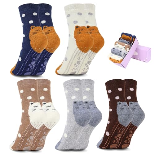 Non Slip Socks for Women with Grips Thermal Winter Warm Thick Cozy Cabin Crew Comfy Anti Skid Slipper Socks Gifts for Women
