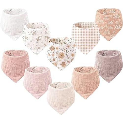 Konssy 10 Pack Baby Muslin Bandana Bibs for Drooling and Teething | 100% Cotton, 6-Layer Bibs, Pre-Washed Soft & Absorbent, Adjustable Neck Fit, Boys & Girls 0-36M