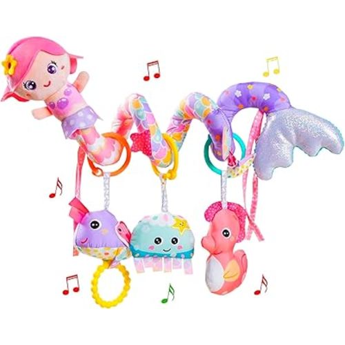 Baby Car Seat Toys, Car Seat Toy for Babies Infants 0-6 Months Activity Spiral Mermaid Hanging Stroller Toys Gift for Baby Girls 0 3 6 12 Months Newborns Sensory Toys with Rattles Squeaker Music- Pink