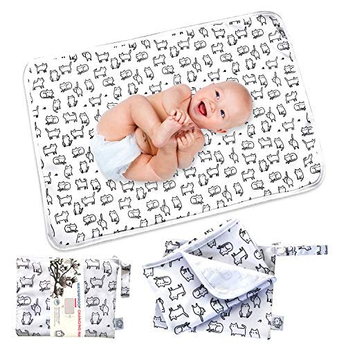 Flock Three Waterproof Baby Diaper Changing Pad with Storage Bag (28.7" X 19.7") Washable Wipeable Reusable Leak Proof Diaper Travel Mat Station Changing Mattress Liner Cribs Bed Cover, Cats