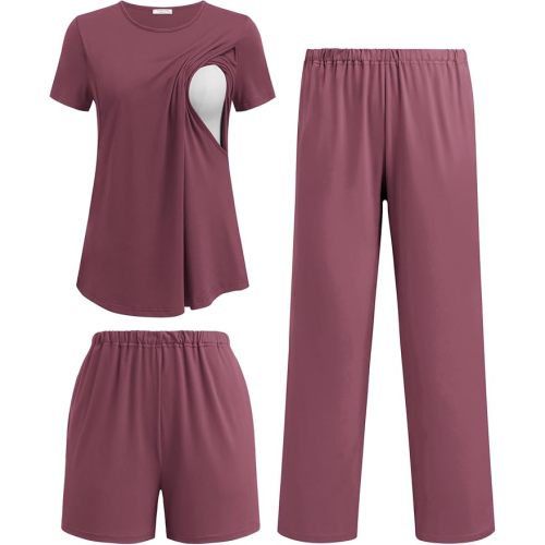 Ekouaer 3 Piece Maternity Nursing Pajamas Set Short Sleeve Breastfeeding Pjs