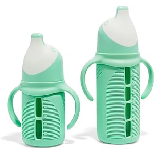 Tabor Place - Set of 2 Sampler pack - Glass Sippy Cup for Toddlers - 1 Large 8oz & 1 Mini 5 oz cup in Mint Green
