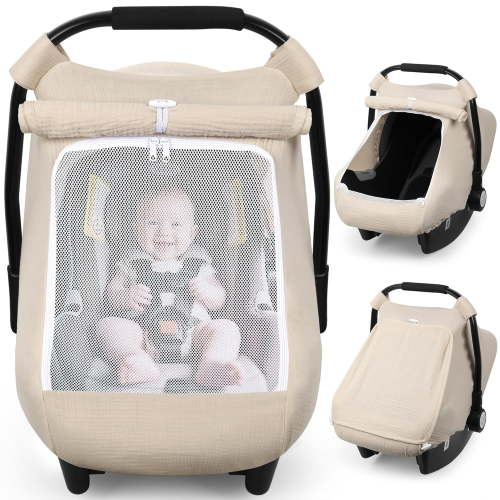 Car Seat Cover Baby, Carseat Covers Girl Boy, Breathable Muslin Cotton, Large Mesh Window, Infant Car Seat Canopy Baby Carrier Cover Stroller Sun Shade for Summer & Hot Day