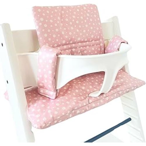 UKJE Cushion Compatible with Stokke Tripp Trapp (Old and New Model) 2 Pieces | Wipeable & Washable at 86°F | Oeko-Tex Certified Cotton | Extra Padded Handmade Seat Cover | Pink Daisy