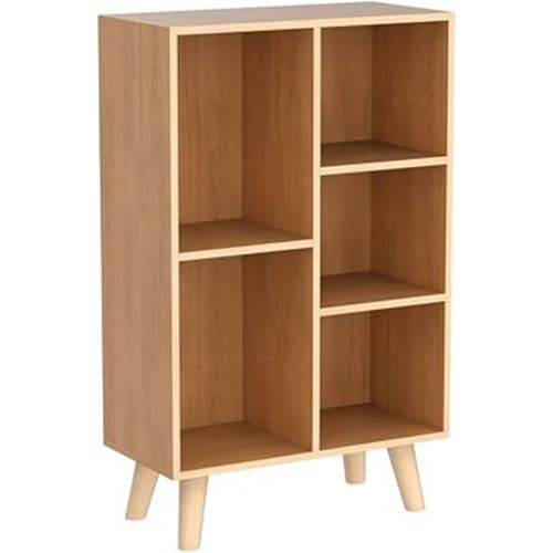 IOTXY Wooden Open Shelf Bookcase - 3-Tier Floor Standing Display Cabinet Rack with Legs, 5 Cubes Bookshelf, Pear Yellow