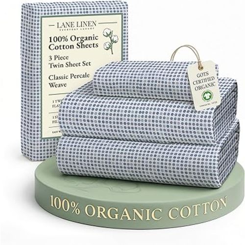 LANE LINEN 100% Organic Cotton Twin Sheets Set - 3 PC Bedding Sheets & Pillowcases - Breathable & Cooling Bed Sheets - Deep Pocket up to 15", Sheets for Twin Size Bed: Polka Dot (Blue)