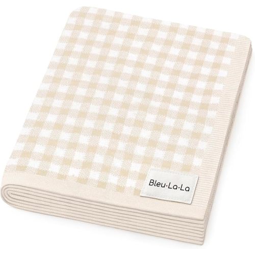 Checkered Baby Blanket Swaddle - 100% Soft Cotton Quilt Swaddling Stroller Blanket for Nursery Bed Shower Baby Gift Registry for Newborns Toddlers Boys & Girls (Plaid - Beige)