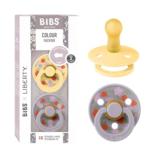 BIBS x Liberty Colour Pacifier, 6-18 Months, 2-Pack, Strawberries & Cream | Round Natural Rubber Nipple | Size 2 | BPA-Free | Made in Denmark | High Nipple Acceptance | Airflow Holes | Comfort Shield