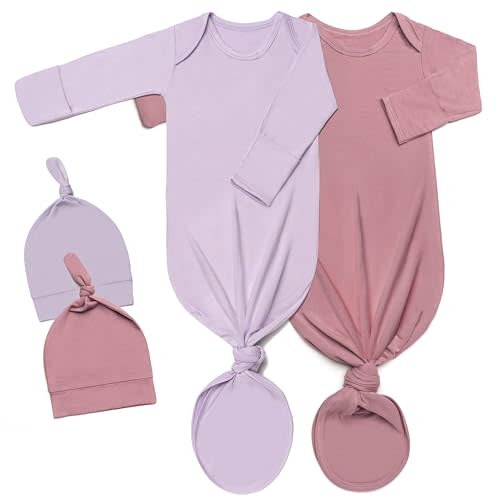 2Pk Newborn Knotted Gown Set, Soft Baby Sleep Sack & Hat, Boys Girls Clothes, Easy Diaper Change Baby Gift