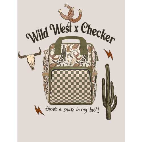 Western Cowboy & Checkerboard Print diaper backpack. Personalization with name available!