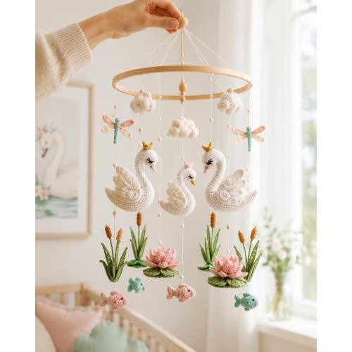 Crochet Swan Baby Mobile, Handmade Swan Nursery Mobile, Lotus Flower Crib Decor, Neutral Baby Girl Nursery, Baby Shower Gift