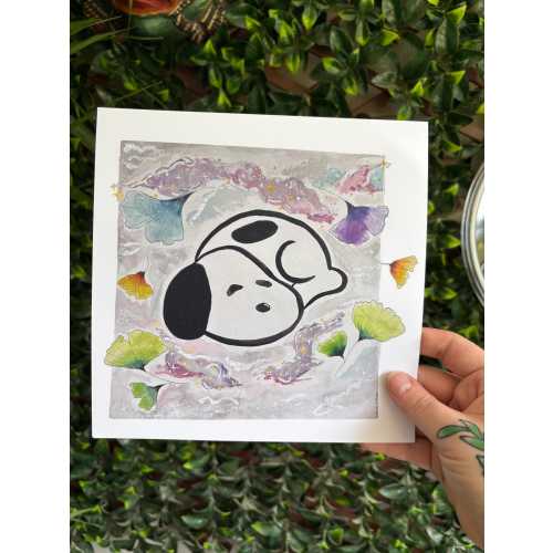 Sleeping Baby Snoopy Print - 8x8 Watercolor Art - Handmade design artwork. Esnupi cloudy pastel dreams. Kawaii Gingko daydream. Peanuts.