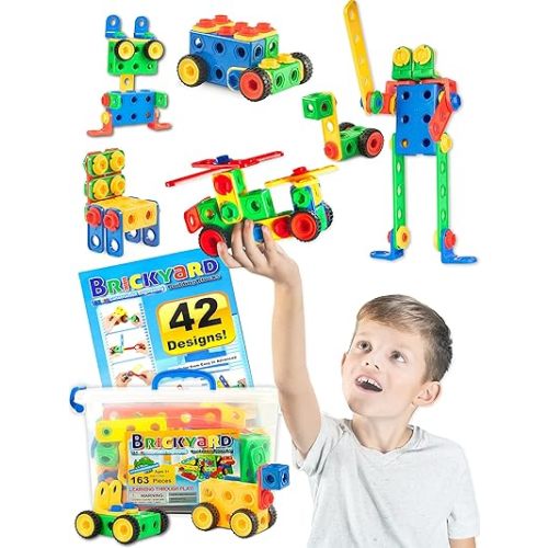 Brickyard Building Blocks STEM Toys - Educational Building Toys for Kids Ages 4-8 with 163 Pieces, Tools, Design Guide and Toy Storage Box for Kids