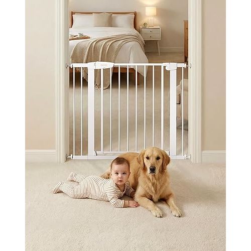 Baby Gate for Stairs, 29.92-38.98” Wide Pressure Mounted Baby Gate No Drill Needed, Auto Close Dog Gate for Doorways, Easy Walk Through Safety Child Gates for Toddler & Pet/Puppy, Indoor, White