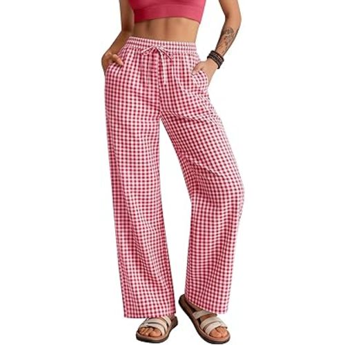 Neer Women's Striped Gingham Pants Cotton Plaid Pajama Lounge Boxer Pants Drawstring Pj Bottoms Wide Leg Trousers with Pocket