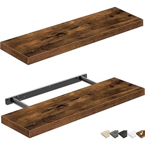 QEEIG Floating Shelves for Wall 23.6" Long - Wall Mounted Shelf Bathroom Kitchen Living Room Bedroom Farmhouse Home Decor Display Bookshelf Large 23.6 x 9.3 inch Set of 2, Rustic Brown (008-60BN)