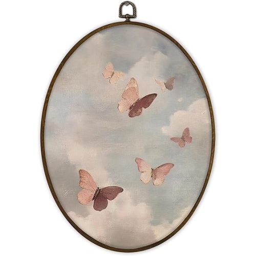Gnmduw Vintage Butterfly Cloud Oval Wall Art Framed, Cottagecore Whimsical Cloud Butterfly Canvas Prints Hanging Decor, Rustic Butterflies Landscape Wall Decor for Nursery Living Room, 8.7x11.3 Inch
