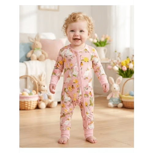 Easter - baby girl floral pattern bamboo sleepwear with footies and mittens, double zipper, cozy all-year pajamas for 0-3 months | Shop Now For Limited-time Deals | Temu