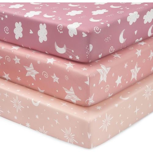 Baby Crib Sheets Girl, 3 Pack Toddler Bed Sheets Fit for 52”x28” Standard Crib and Toddler Mattresses, Super Soft Microfiber Pink Stars