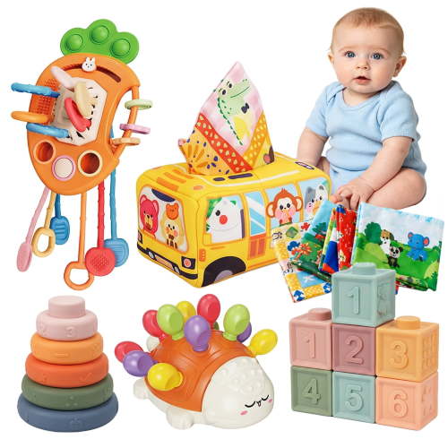 Rirool 5-in-1 Montessori Baby Toy Set for 6+ Months, Sensory Learning Toys with Stacking Rings, Pull String Toy, Blocks, Hedgehog & Storage Bus
