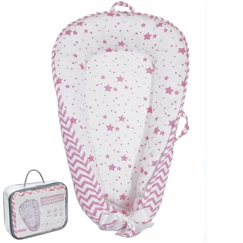 Aila+Aiden Baby Lounger | Organic Cotton Infant Lounger | Reversible, Adjustable & Portable Floor Lounger | Supervised Use | Soft, Breathable, Washable Cover - Star Collection (Pink)