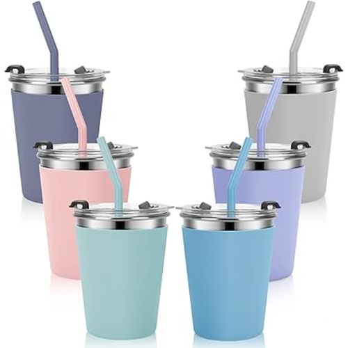 Kids Cups with Straws and Lids Leak Proof, 12oz Sippy Cups for Toddlers 1-3 No Spill, Spill Proof Cup Stainless Steel Kids Cup with Lids for School, Outdoor, 6 Pack