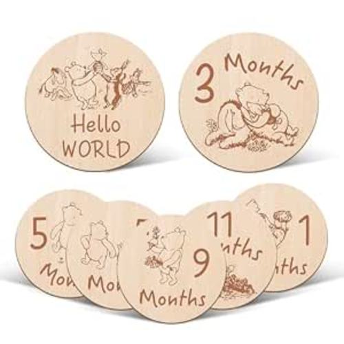 7 Pcs Winnie Baby Monthly Milestone Markers, Winnie Double Sided Winnie Baby Months Wooden Signs with Storage Bag, Winnie Baby Shower Gifts, Winnie Baby Monthly Announcement Wooden Discs, Winnie Gifts