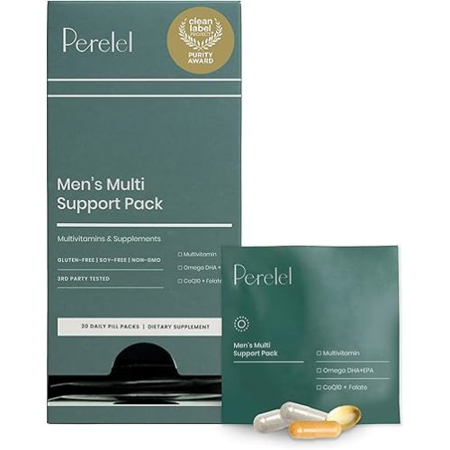 Perelel Men’s Multi Support Pack, Daily Multivitamin with Magnesium, Omega 3, CoQ10 & Folate, Nutritional Support for Men’s Wellness, Soy & Gluten Free, Non GMO, 30 Daily Pill Packs