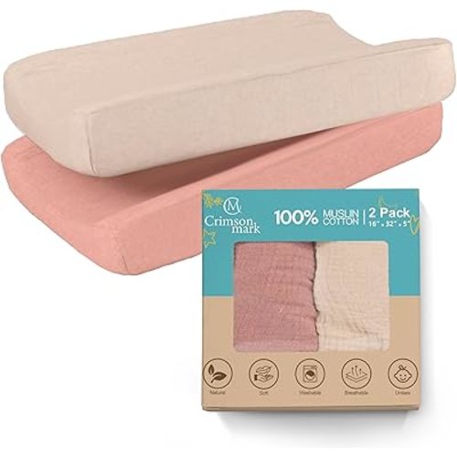 100% Muslin Changing Pad Cover Ultra Soft 120GSM Baby Changing Pad Covers for Girls and Boys - Easy wash Diaper Changing pad Cover with Low Shrinkage (2 Pack - Beige/Sand)