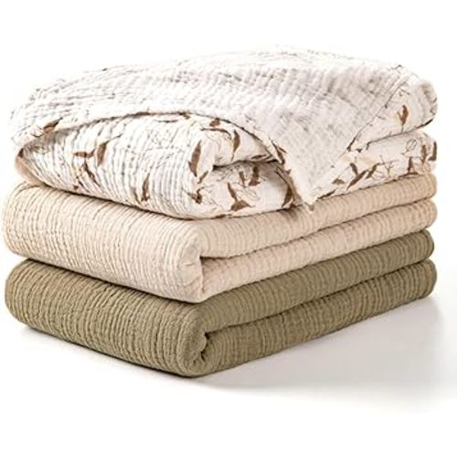 lulumoon Muslin Swaddle Blankets for Baby: Lightweight & Breathable Receiving Blankets for Hospital - Neutral Registry Gift for Newborn 3pack (Olive Branches)