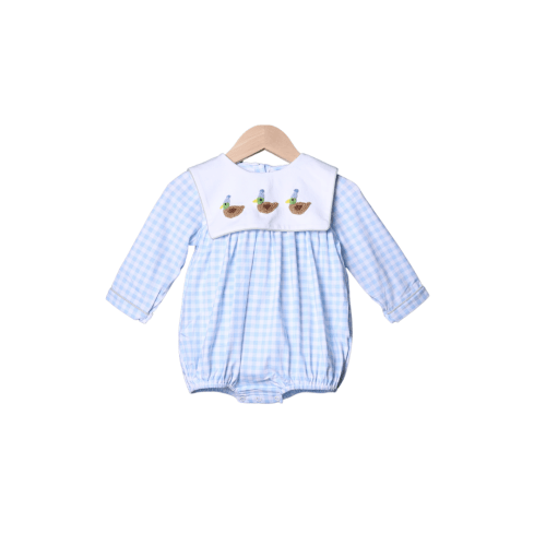 French Knot Party Duck Blue Gingham Long Sleeve Bubble