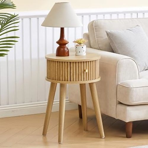Small Round Side Table with Drawer, Fluted Cricle End Table, Mid-Century Modern Wooden Bedside Table Round Nightstand Small Sofa Side Table for Living Room(Natural)