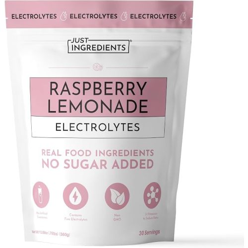 JUST INGREDIENTS Raspberry Lemonade Electrolyte - No Sugar - 30 Servings | Powder Form, 0.8 lb Bag, Potassium Sodium Magnesium Calcium Blend, Monk Fruit Stevia Sweetened, Gluten Soy Dairy Free