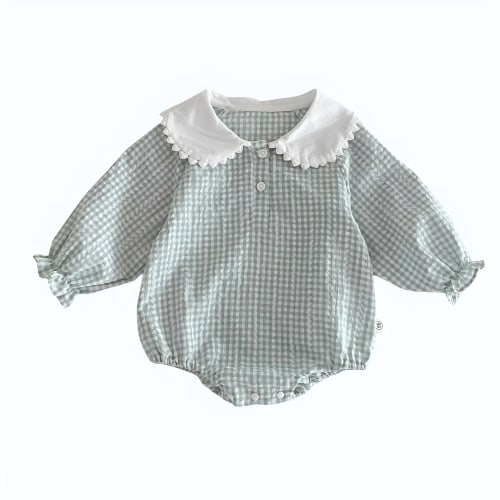 Newborn Baby Girl Sky Blue Gingham Romper - Long Sleeve Peter Pan Collar Cotton Jumpsuit (0-12 Months)