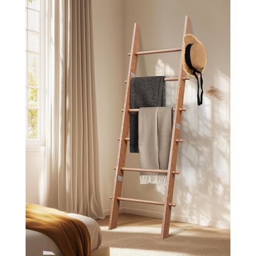TEAKMAMA 6-Tier Blanket Ladder with Hanging Knobs,5.5 Ft Wall Leaning Blanket Ladders for Living Room Bedroom,Rustic Decorative Storage for Quilts,Throws,Easy to Assemble,Honey Brown