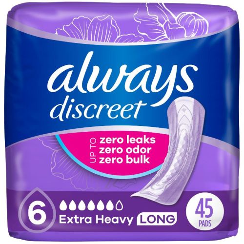 Always Discreet Incontinence and Postpartum Incontinence Pads for Women - Extra Heavy Absorbency - Long Length - 45ct