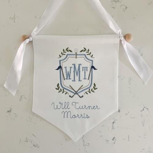 Custom Baby Banner with Golf Crest, Heirloom Baby Banner, Embroidered Baby Name Banner, Personalized Nursery Décor