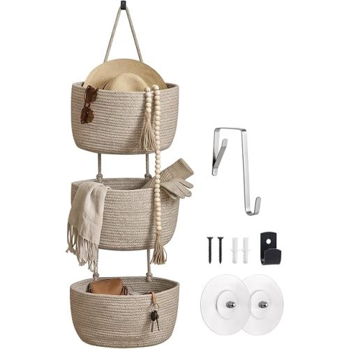 Fabric Wall Hanging Organizers - Woven Baskets Pouches Set Boho Style Wall Mounted Bag with Adhesive Hook, Storage Decoration Pocket Caddy for Closet Playroom RV Nursery (Flax Brown & Black, Large)