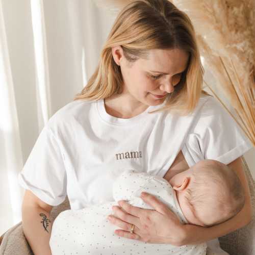 Breastfeeding Shirt with Mama Embroidery - 100% Organic Cotton Nursing Friendly Shirt for Breastfeeding or Pumping - Baby Shower Gift