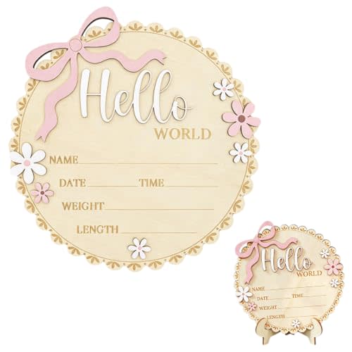 Hello World Wooden Baby Birth Announcement Sign with Stand | 6 x 6 Inches Light Pink Floral Newborn Stats Plaque, Hospital Photo Prop, Nursery Keepsake & Shower Gift