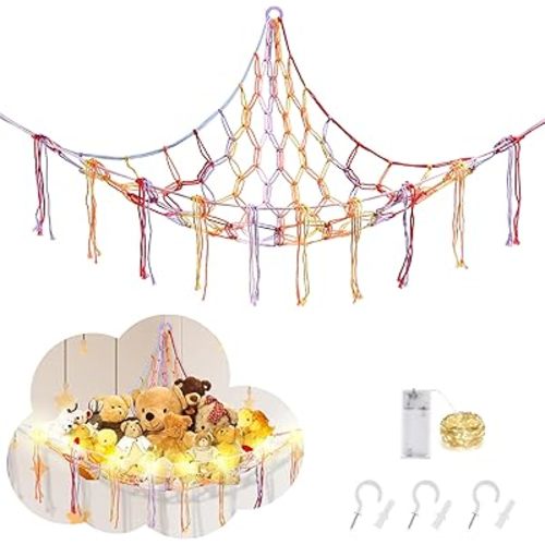 Stuffed Animal Hammock with LED Light, Large Stuffed Animals Storage Corner Plushie Net for Kids Room Decor, Jumbo Rainbow