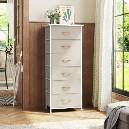 Crestlive Products 6-Drawer Vertical Dresser for Bedroom Storage With Steel Frame Wood Top Easy Pull Fabric Bins Beige