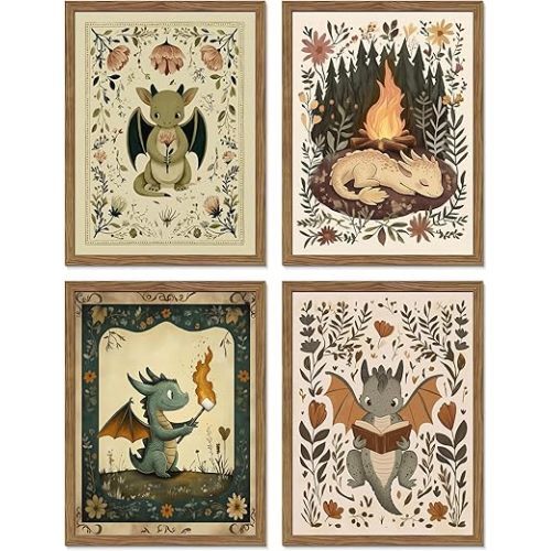 Set of 4 Baby Dragon Wall Art, Vintage Fantasy Nursery Canvas Prints, Whimsical Woodland Storybook Decor for Kids Room Bedroom 10x8 Framed