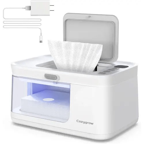 Baby Wipe Warmer Baby Wet Wipes Dispenser, Cozygrow Diaper Wipe Warmer with LED Light & Transparent Viewing Window, Adjustable 95℉-131℉, 1.5 Meter Plug Cord