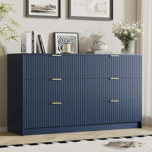 Navy Blue Dresser for Bedroom, Modern Dresser with 6 Drawers and Smooth Slides, Wide Chest of Drawers with Golden Handles for Bedroom, Living Room, Closet, 15.7" D x 55.1" W x 31.4" H
