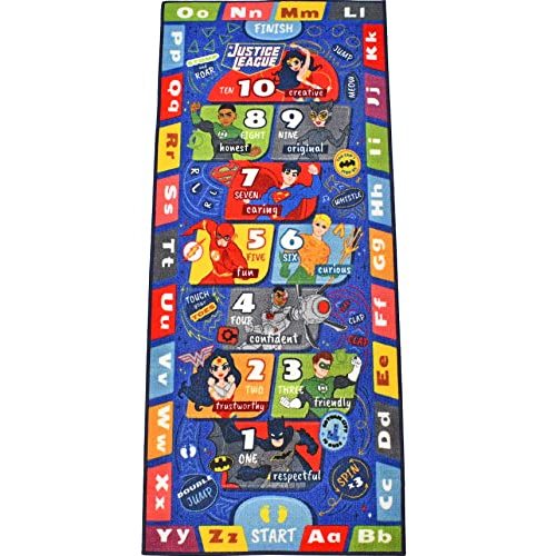 KC Cubs Justice League Boys & Girl Super Hero Hopscotch Number Counting ABC Alphabet Activity Educational Learning & Game Play Area Rug Carpet for Kids and Children Bedrooms, Classroom and Playroom