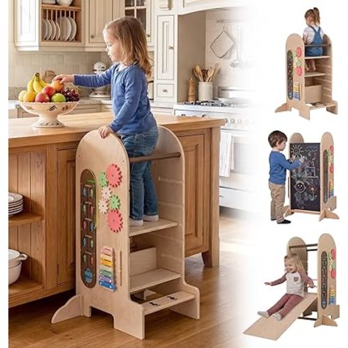 Costzon Toddler Step Stool, 4-in-1 Kids Kitchen Standing Tower with Adjustable Height, Chalkboard & Slide, Montessori Games, Safety Rails & Anti-tip Feet, Wooden Children High Chair for Boys & Girl